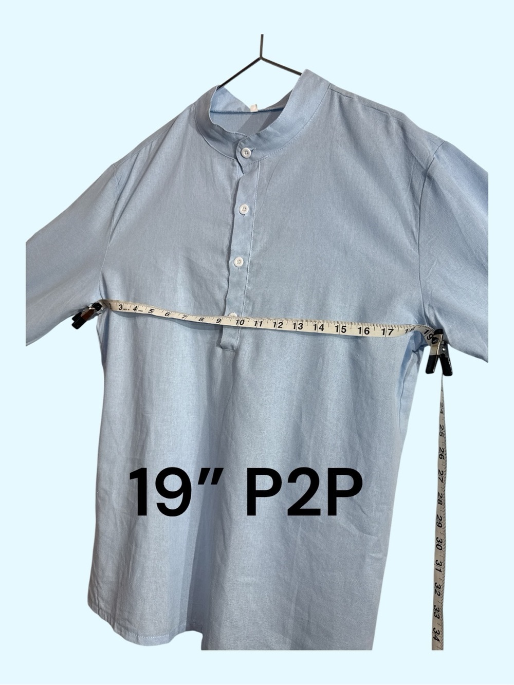 Band Collar Cotton Linen Blend Long Adjustable Sleeve Light Blue Size Small - Picture 11 of 11